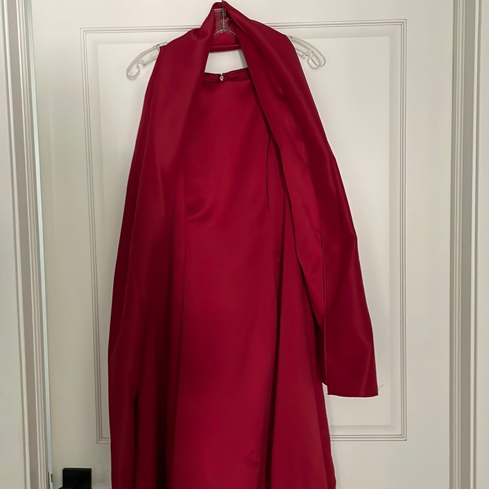 Red satin full length dress with satin over shoulder shawl